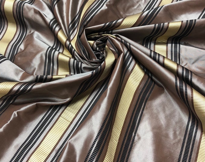 Silk taffeta 54" wide   Beautiful Mauve gray pink with black and gold ribbing stripe silk taffeta fabric sold by the yard