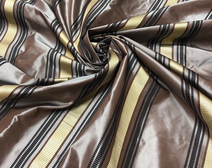 Silk taffeta 54" wide   Beautiful Mauve gray pink with black and gold ribbing stripe silk taffeta fabric sold by the yard