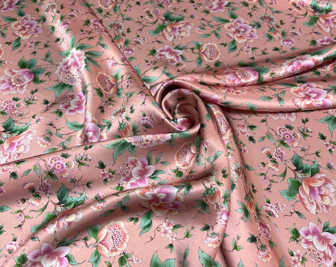 100% Silk Satin charmeuse digital print 54" beautiful rose peach base color with pink allover floral design printed Fabric sold by the yard