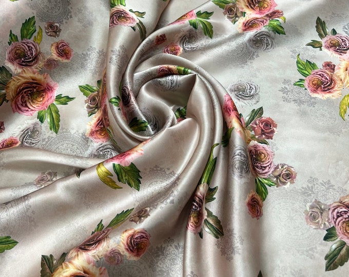 100% silk satin charmeuse digital print 54" wide    Beautiful Tan background with red green gold rose floral design print  silky soft fabric