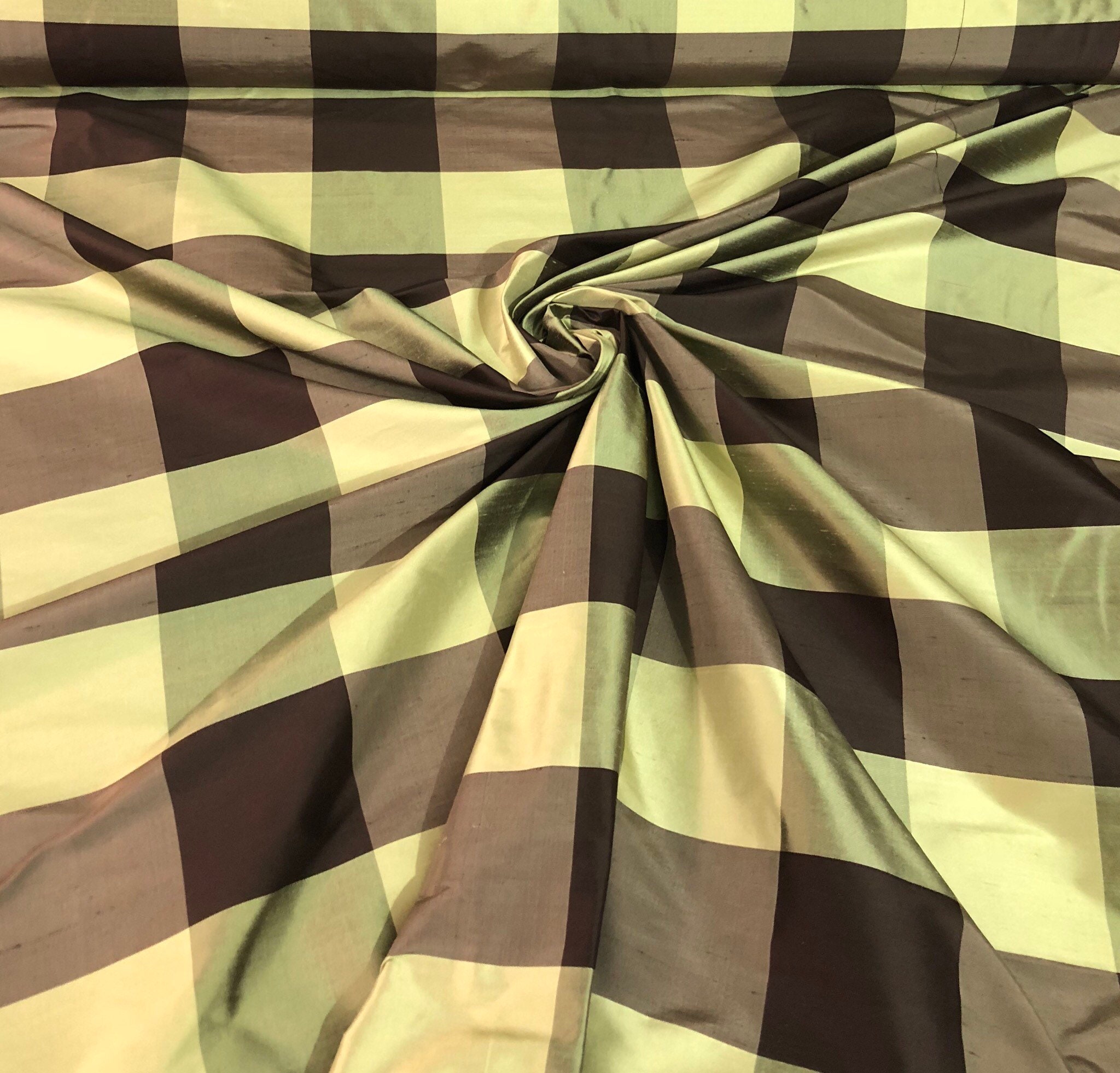 Silk shantung 54 wide Beautiful green brown silk shanting plaid fabric