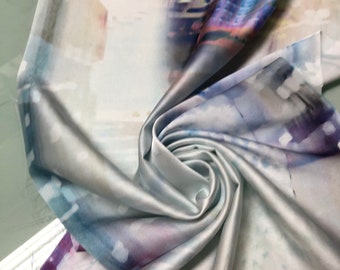 Beautiful city mirror print paisley colors digital print on silky satin 54” wide. Sold by the yard. Best used for apparel