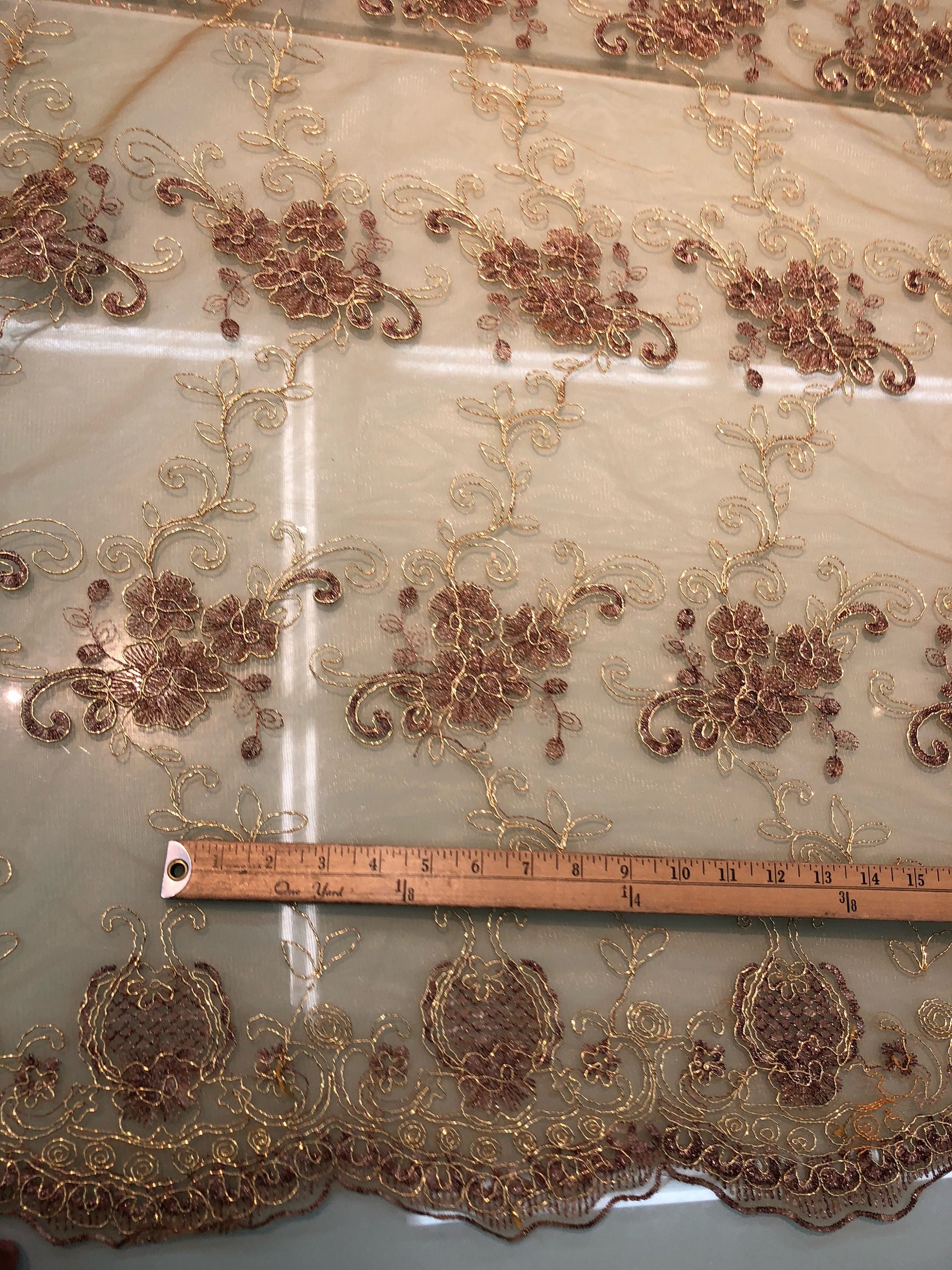 Floral Embroidered mesh 50 wide Beautiful gold mesh with brown flower