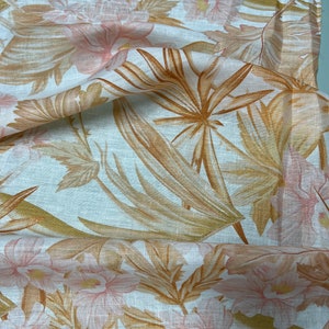 100% Linen designer print, Ivory yellow gold pink floral designer printed linen. 58” wide Sold by the yard