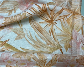 100% Linen designer print, Ivory yellow gold pink floral designer printed linen. 58” wide Sold by the yard