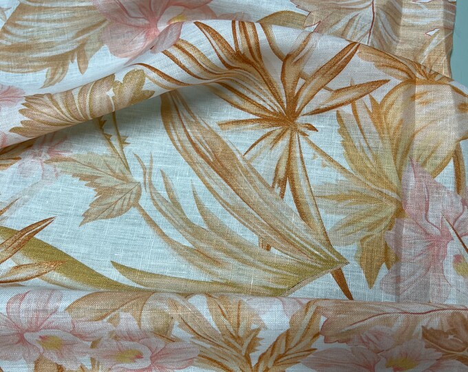 100% Linen designer print, Ivory yellow gold pink floral designer printed linen. 58” wide Sold by the yard
