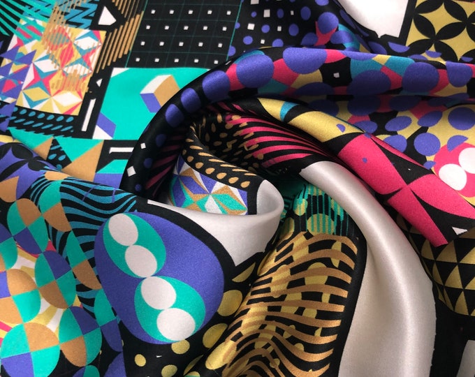 100% silk satin charmeuse digital print 54" wide    Beautiful abstract multi pattern & multi color print  silky soft fabric 54” wide