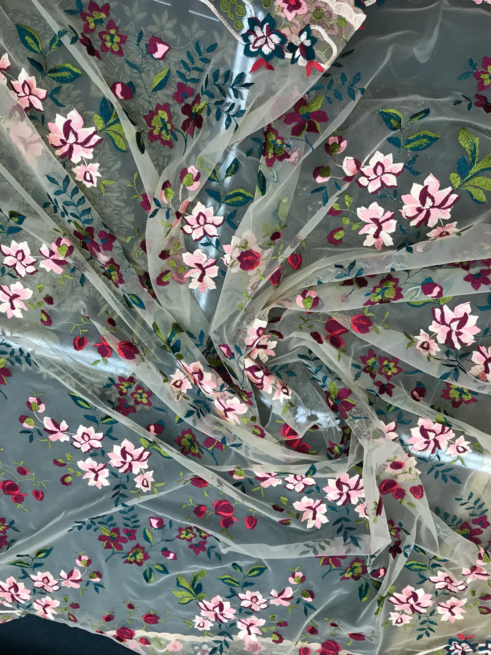 Italian designer fabric Floral embroidery on tulle fabric. Price for