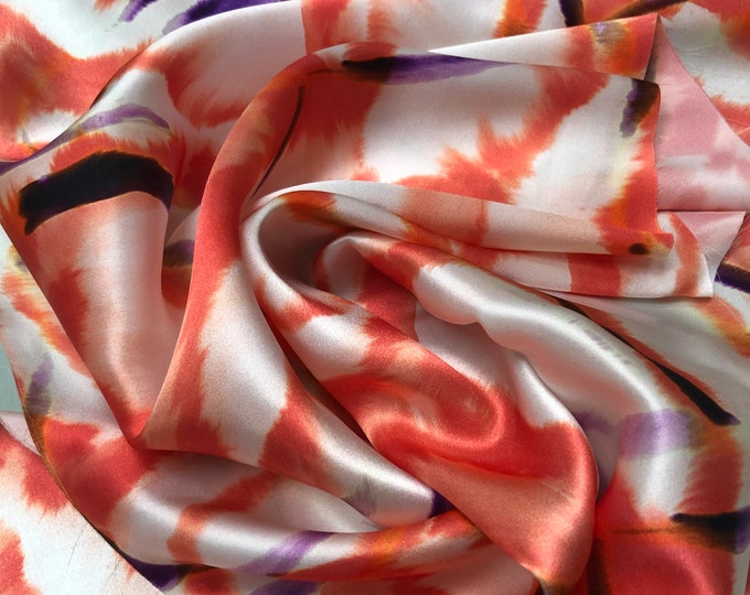 100% silk satin charmeuse digital print 54" wide    Beautiful ivory red paint style woth purple hint design print  silky soft fabric