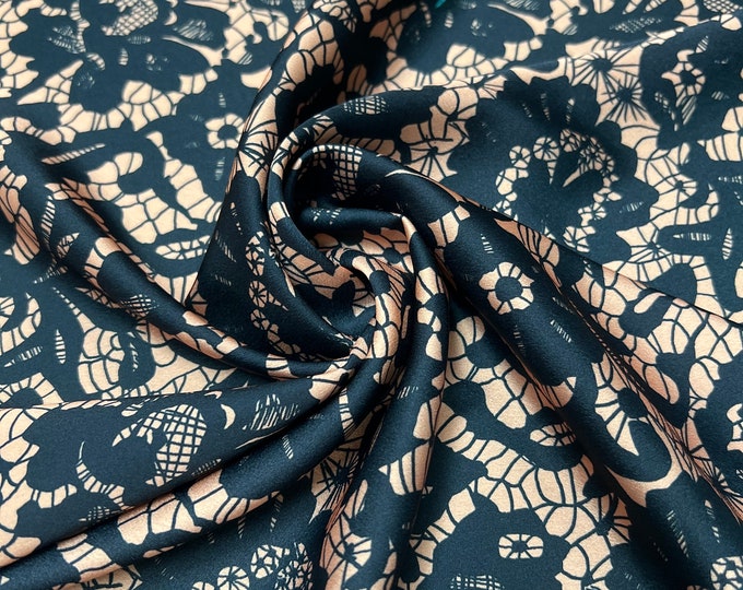 Soft Satin charmeuse digital print 54" wide   Beautiful peachish skin & black Chantelle lace design   Fabric sold by the yard