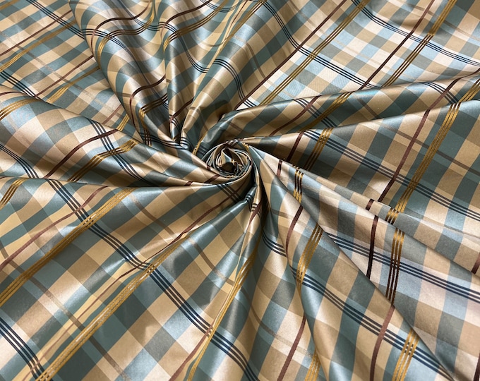 Silk taffeta 54"   Beautiful beige gold turquoise  color satin stripes with gold satin checks fabric sold by the yard