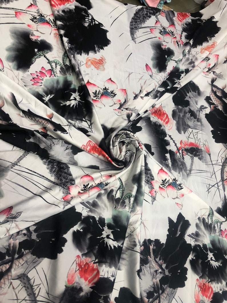 Satin charmeuse digital print 54 wide Beautiful white black red colors silky satin charmeuse fabric sold by the yard