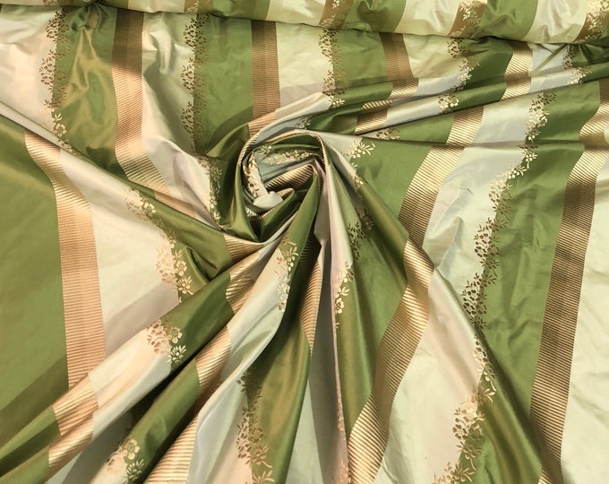 Silk taffeta 54" wide    Beautiful green shades stripe silk taffeta with gold jaquard stripe silk taffeta fabric sold by the yard