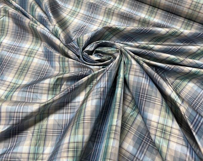 Silk shantung plaid 54" wide    Beautiful ivory gray with baby blue turquoise green color silk taffeta fabric sold by the yard