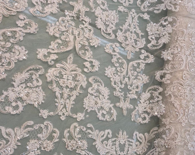 Hand beaded re-embroided bridal lace, beautiful ivory color bridal lace 52" wide bridal lace fabric sold by the yard