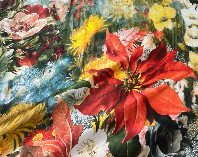 100% silk satin charmeuse digital print 54" wide    Beautiful border style beige champagne with big multi color floral soft fabric 54” wide