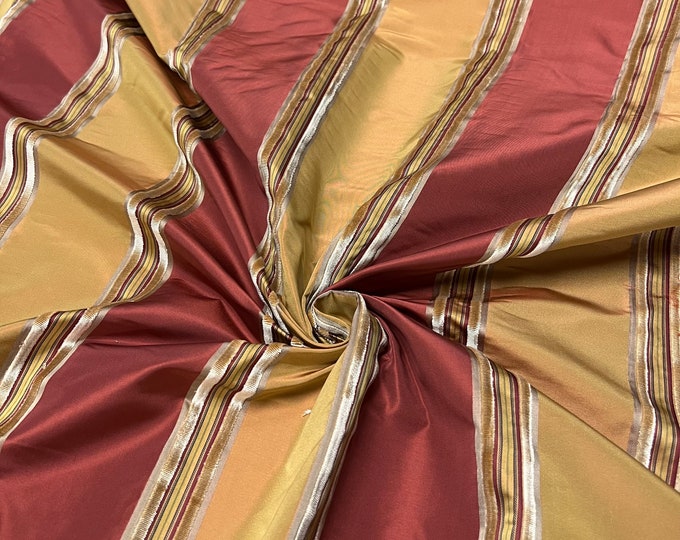 100% silk beautiful mustard gold Burgandy red satin stripes with Velevt Embosed stripe silk taffeta 54" wide            Sold by the yard