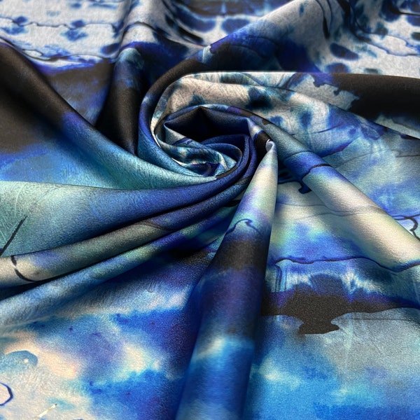 Soft Satin charmeuse digital print 54" wide   Beautiful silver black royal blue, baby blue branded abstract design   Fabric sold by the yard
