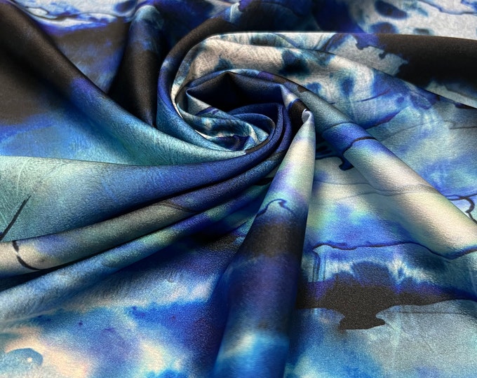 Soft Satin charmeuse digital print 54" wide   Beautiful silver black royal blue, baby blue branded abstract design   Fabric sold by the yard