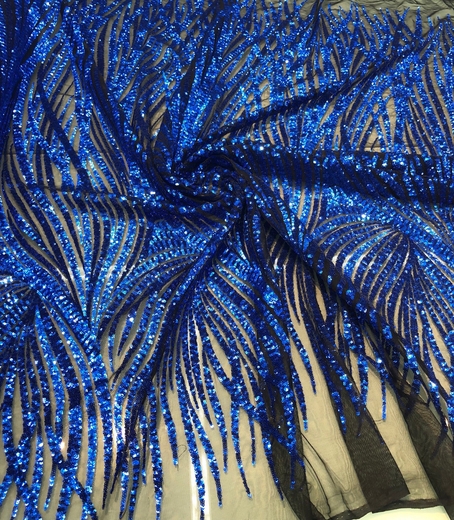 Design sequins 50 wide Beautiful royal blue color sequins on black mesh ...