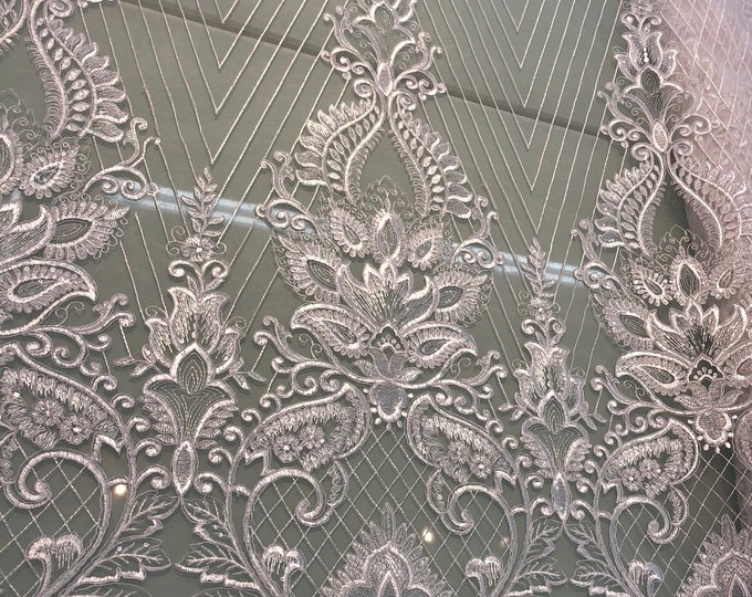 White bridal lace 52" wide   Beautiful white      re embroidered bridal border style lace fabric sold by the yard