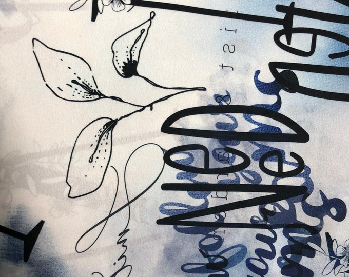 Beautiful white periwinkle purple blue black abstract design digital print on silky satin 54” wide. Sold by the yard. Best used for apparel