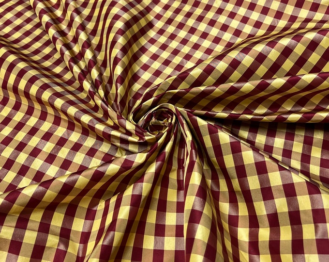 100% silk beautiful Burgandy red with lemon yellow gingham check .  silk taffeta 54" wide            Sold by the yard