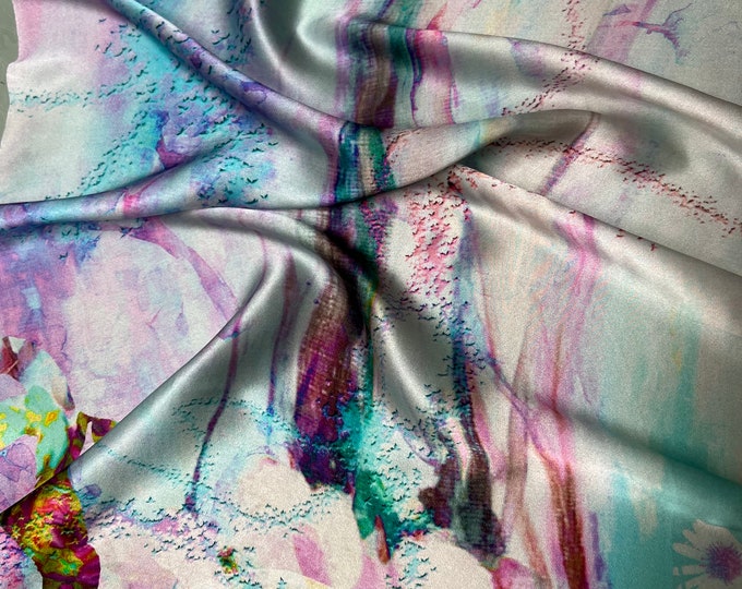 100% silk satin charmeuse digital print 54" wide    Beautiful Aqua mint ivory pink Fusia multi color border floral design fabric 54” wide