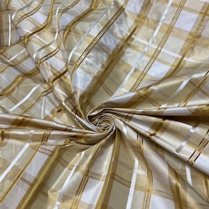 Taffetà di seta 54&quot; Bellissimo plaid beige oro canarino con tessuto a quadri a strisce di raso dorato venduto tagliato su misura
