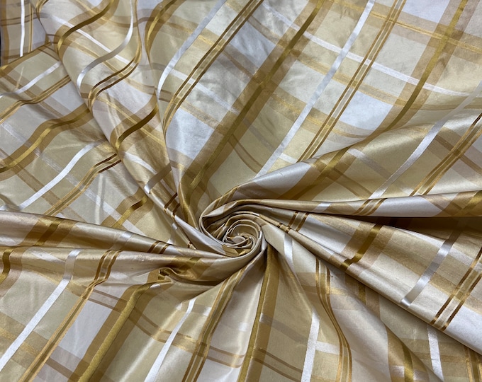 Silk taffeta 54"   Beautiful canary gold beige plaid with gold satin stripe plaids fabric sold by the yard