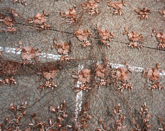 Crochet lace, beautiful floral crochet spiderweb lace with 3D flowers attached   39" wide copper color lace fabroc sold by the yard