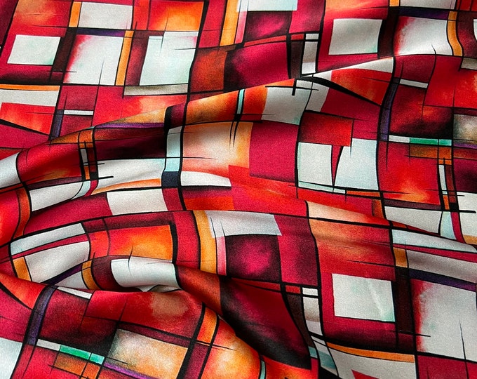 100% silk satin charmeuse digital print 54" wide    Beautiful Abstract check design wine red gold shades design soft fabric 54” wide