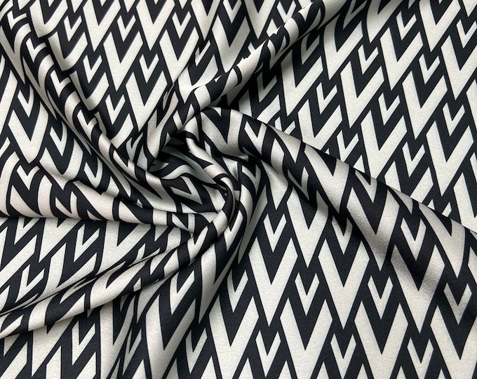 Soft Satin charmeuse digital print 54" wide   Beautiful silver black branded geometric design   Fabric sold by the yard