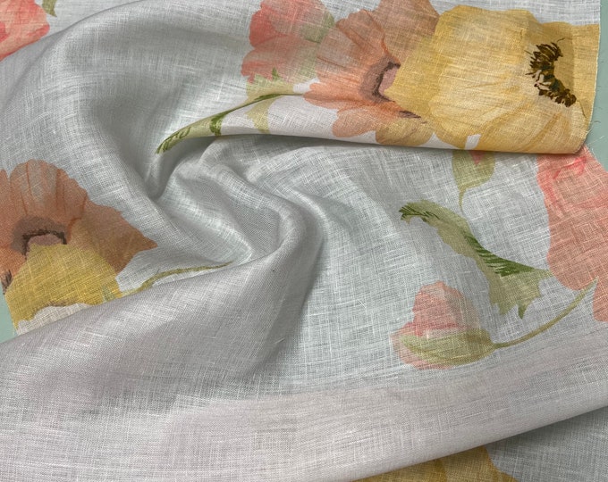 100% Linen designer print, Ivory base with orange yellow floral  designer printed linen. 58” wide Sold by the yard