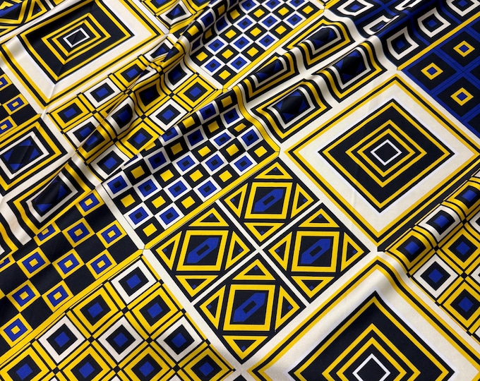 100% silk satin charmeuse digital print 54" wide    Beautiful yellow ivory black with purple highlight abstract design silk fabric 54” wide