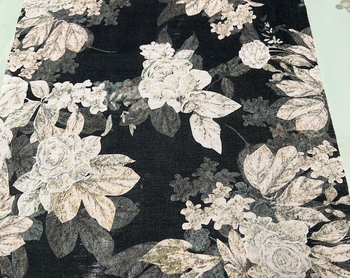100% Linen designer print, Beautiful black base with ivory gray green  floral design Linen printed fabric 58” wide. Sold by the yard