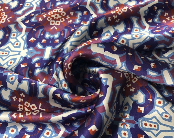 100% silk satin charmeuse digital print 54" wide    Beautiful abstract purple & white blue print  silky soft fabric sold by the fabric