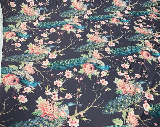 Mikado Zibelline printed fabric 54” wide. Beautiful black base floral design beat used for apparel. Sold by the yard