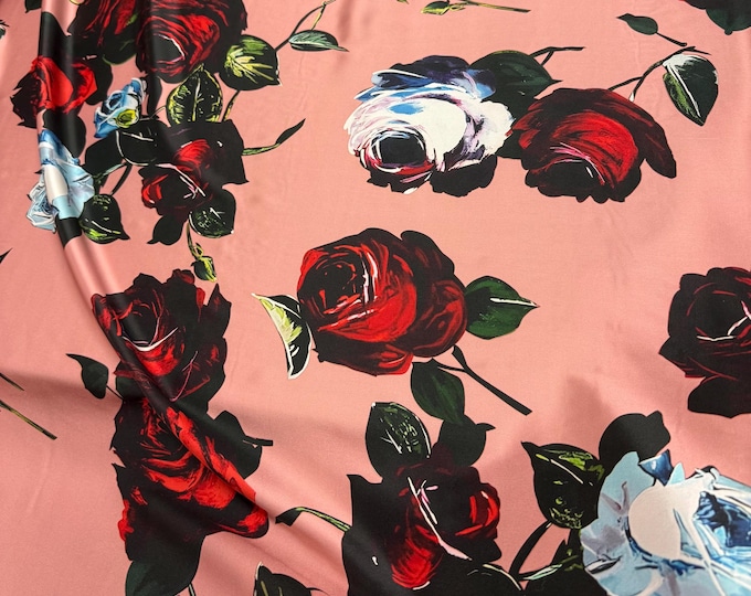 100% silk satin charmeuse digital print 54" wide    Beautiful Coral base with red wine with silver soft fabric 54” wide