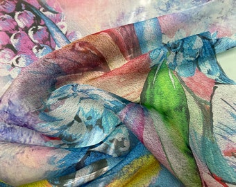 100% silk satin face chiffon digital print 54" wide    Beautiful Rainbow colors tie due floral style design