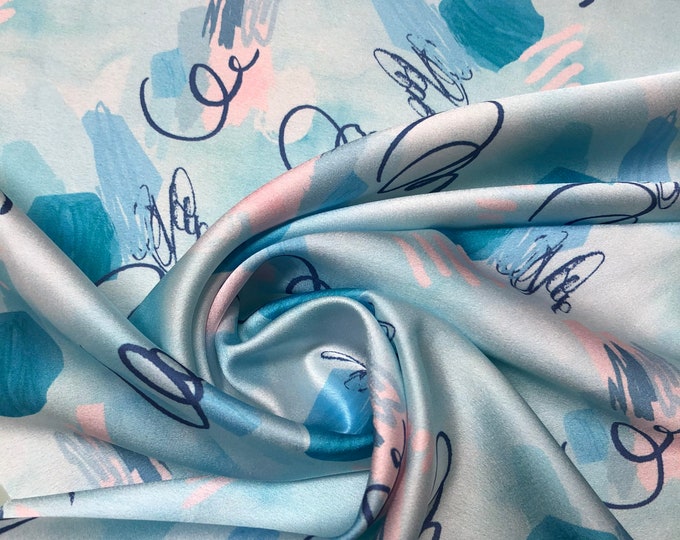 Soft Satin charmeuse digital print 54" wide   Beautiful soft colors turquoise blue shades signature print design   Fabric sold by the yard