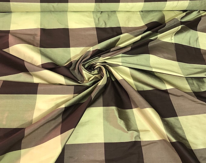Silk shantung 54" wide   Beautiful green brown silk shanting plaid fabric sold by the yard