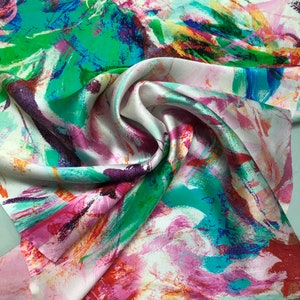 100% silk satin charmeuse digital print 54&quot; wide    Beautiful artistic design multi rainbow colors print silky soft fabric 54” wide