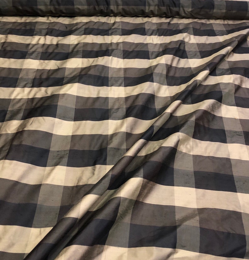 Silk shantung plaid 54 wide Beautiful black gold tan color silk shantung fabric sold by the yard