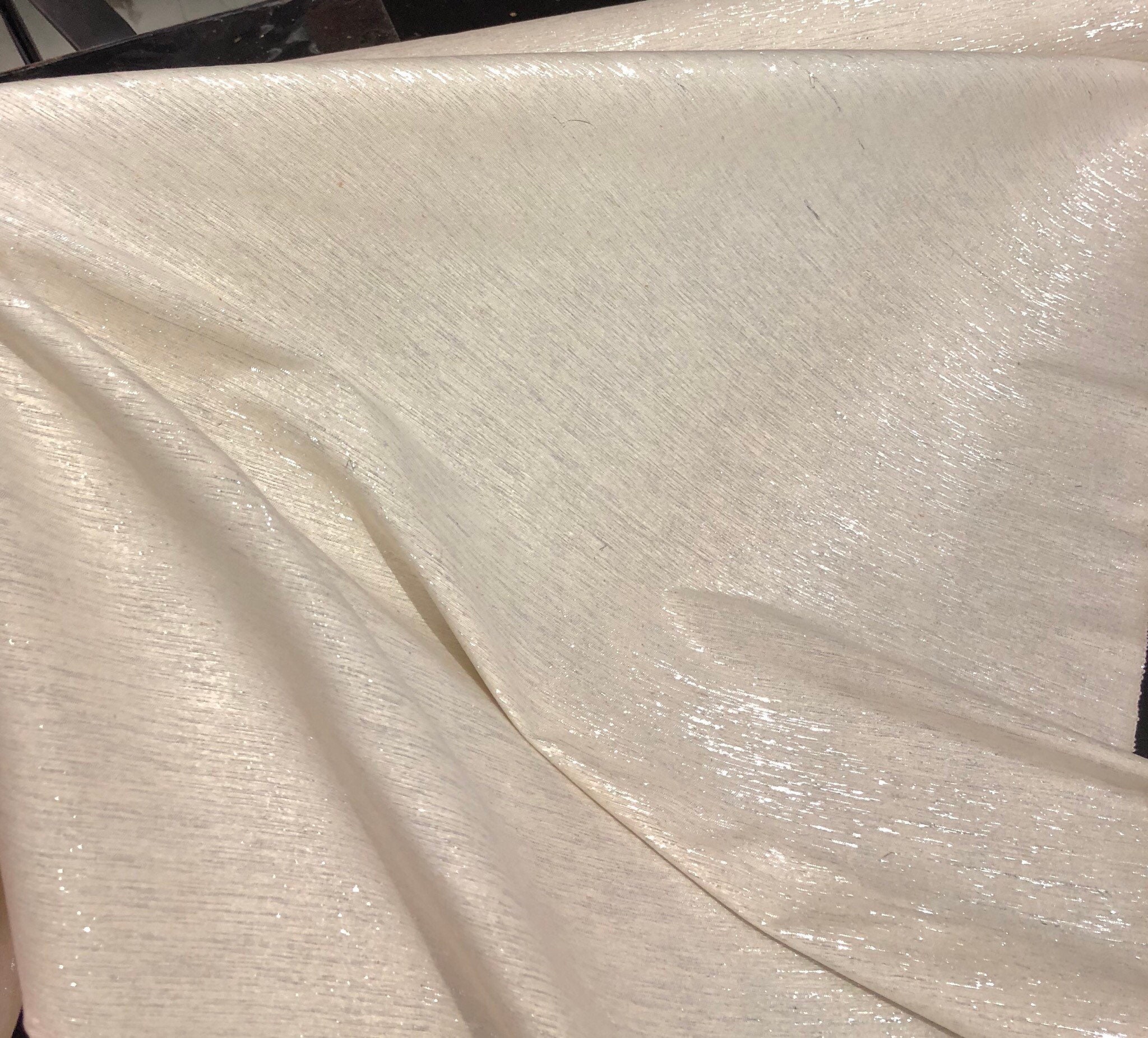 Raw silk 48 wide Beautiful ivory color noil silk with matalic silver stripes in the fabric sold