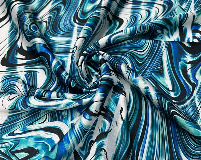 Soft Satin charmeuse digital print 54" wide   Beautiful white silver turquoise blue black striped abstract design   Fabric sold by the yard