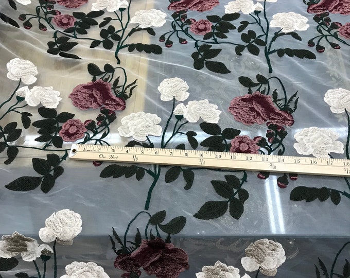 Italian designer  fabric Floral embrodery on tulle fabric.  Price for One Yard 50" wide. Usable for apparel,accessories and interior designi