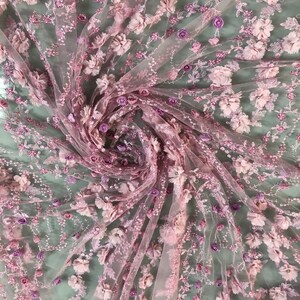 LIGHT PINK HAND BEADED FLORAL DESIGN EMBROIDERY ON A MESH LACE-SOLD BY YARD. main image 0