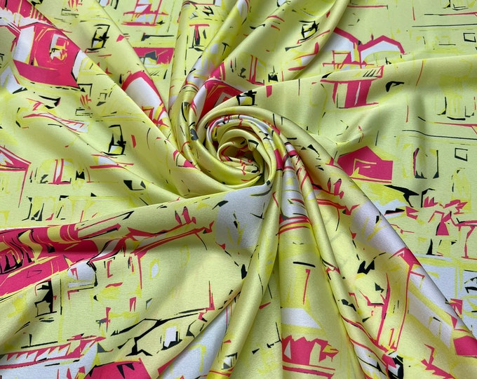 Beautiful lemon yellow base with pink red color country style designer pattern digital print on silky satin 54” wide.