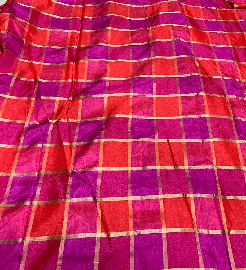 Vescose matalic plaid soft silky fabric 44 wide beautiful fusia pink red gold color